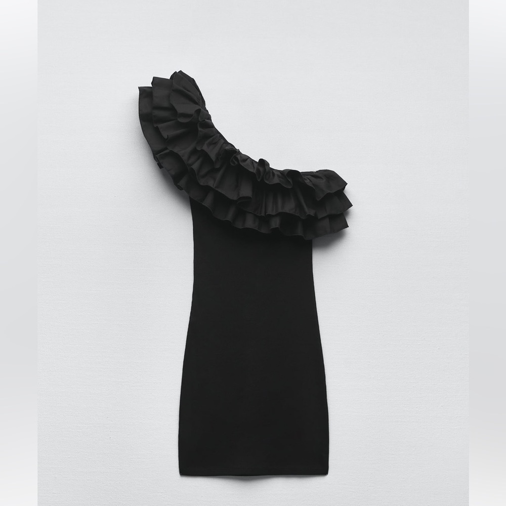 Zara Black Asymmetrical Ruffle Neckline Ribbed Mini Dress - Picture 12 of 16